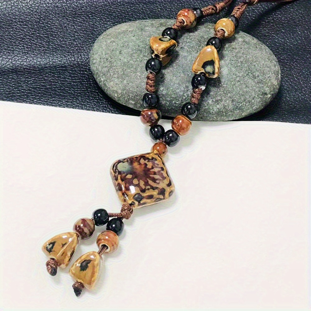 Tribal Long Necklace with Square Ceramic Beads on Synthetic Rope